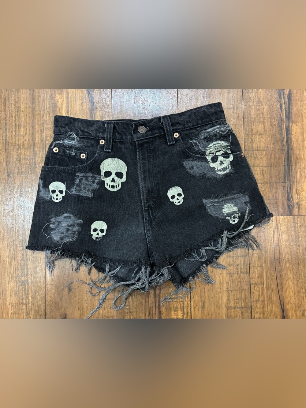 LF Furst of a Kind Skull High Waisted Denim Shorts Skeleton Halloween Artsy